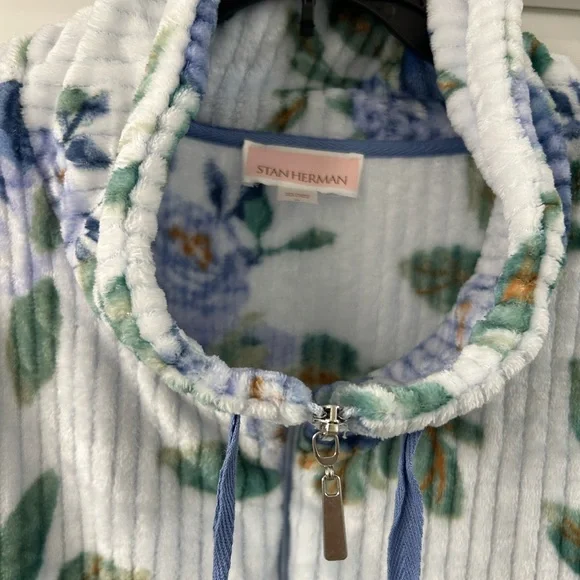 Stan Herman Size 3X Blue - Gray English Rose Plush Zip Front Long Lounger Robe - Picture 4 of 11